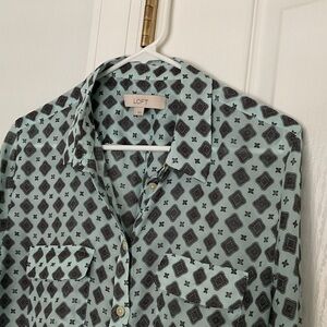 LOFT Geometric Print Blouse in Black and Light Blue